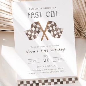 Fast ONE Racing Invitation, Editable Template, Vintage Racing Flags Birthday Invitation, Racing Car 1st B&#39;day Party Invite, Digital Download