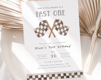 Fast ONE Racing Invitation, Editable Template, Vintage Racing Flags Birthday Invitation, Racing Car 1st B'day Party Invite, Digital Download