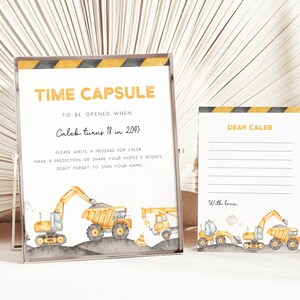 Capsule temporelle d'anniversaire de construction, modèle modifiable, signe & carte à message de capsule de temps de fête de camions de construction, téléchargement numérique