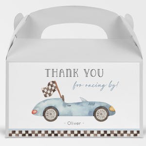 Edytowalna etykieta na pudełko urodzinowe Racing Gable, dzięki za wyścigi, naklejka na pudełko upominkowe Vintage Blue Race Car, pobieranie cyfrowe