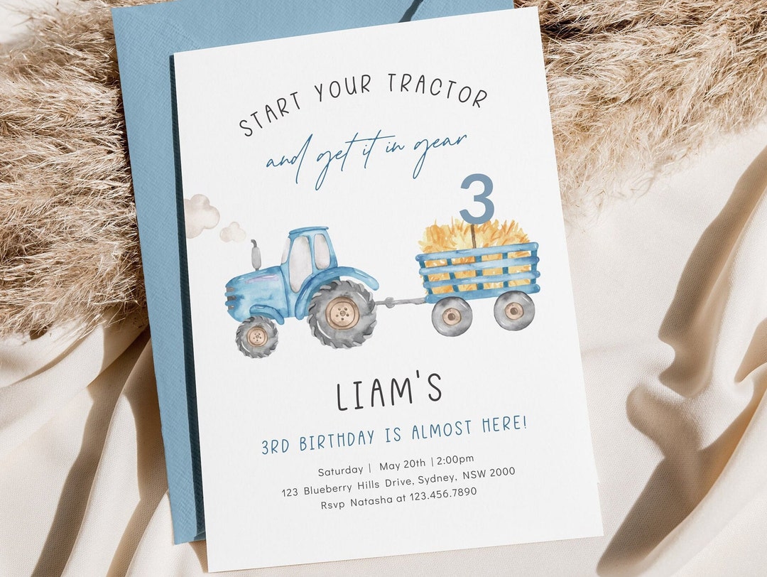 Any Age Blue Tractor Birthday Invitation, Editable Template, Blue Farm Tractor B'day Party
