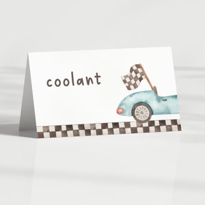 Race Car Food Tents, Editable Growing Up Two Fast Blue Vintage Race Car Party, Printable Car Food Labels, Fast One Birthday Digital Download image 2
