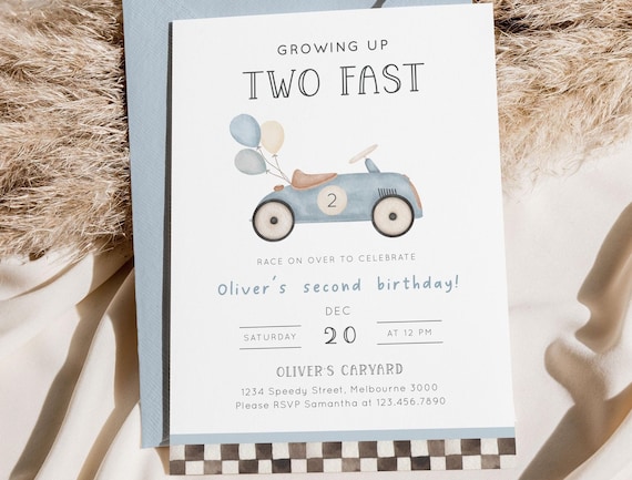 Growing Up Two Fast Vintage Car & Balloons Birthday Invitation, Editable Blue Race Car 2nd B'day Party, Two Fast Invite, Digital Download