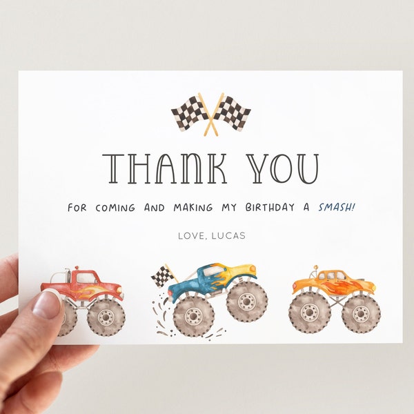 Monster Truck Thank You Card, Editable Template, Monster Truck Birthday Thank You Note, Monster Cars Party Decor Favors, Digital Download