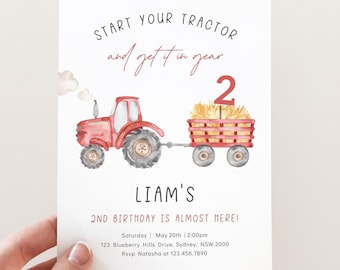 May include: Red tractor with a hay bale in the back, pulling a wagon. The tractor has a white smoke cloud coming from the chimney. The number 2 is on top of the hay bale. The text "START YOUR TRACTOR and get it in gear" is at the top of the invitation. The text "LIAM'S 2ND BIRTHDAY IS ALMOST HERE!" is below the tractor. The invitation also includes the date, time, address, and RSVP information.