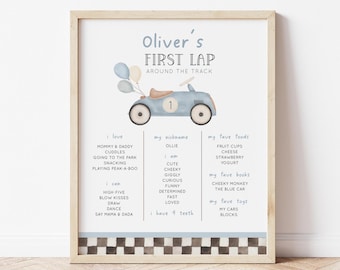 Auto en ballonnen 1e verjaardag mijlpaalbord, bewerkbare Fast One Blue Car B'day mijlpaalposter, 1e ronde rond de baan, digitale download