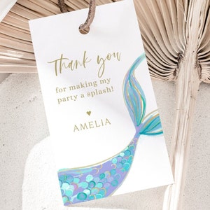 Etiqueta de agradecimiento de sirena, etiqueta de regalo de fiesta de sirena, plantilla editable, decoración de fiesta bajo el mar, etiqueta de favor de cumpleaños de sirena, descarga digital imagen 1