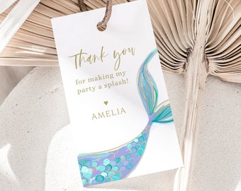 Mermaid Thank You Tag, Mermaid Party Gift Tag, Editable Template, Under The Sea Party Decor, Mermaid Birthday Favor Tag, Digital Download