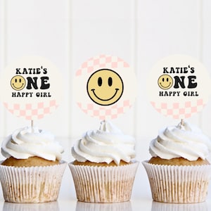 One Happy Girl Cupcake Toppers, Editable Pink Checkered Smiley Face Birthday Cupcake Topper, Girl 1st B&#39;day Party Decor, Digital Download