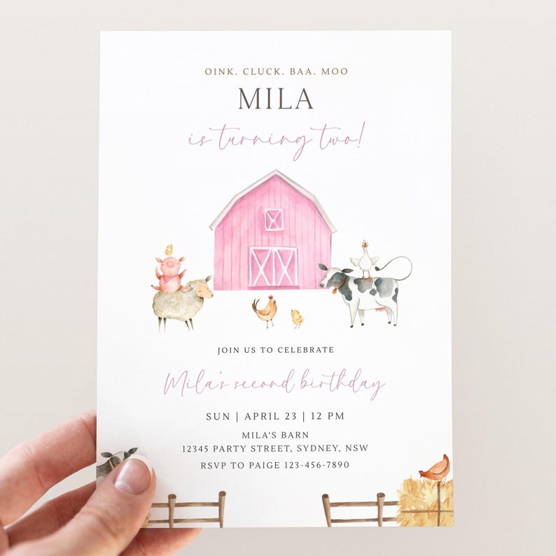 Pink Farm Birthday Party Invitation, Editable Girl Barn Animals B'day ...