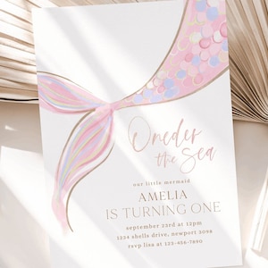 ONEder the Sea Mermaid Invitation, Editable Template, Pink Mermaid First Birthday, Minimalist Mermaid 1st B&#39;day Party, Digital Download