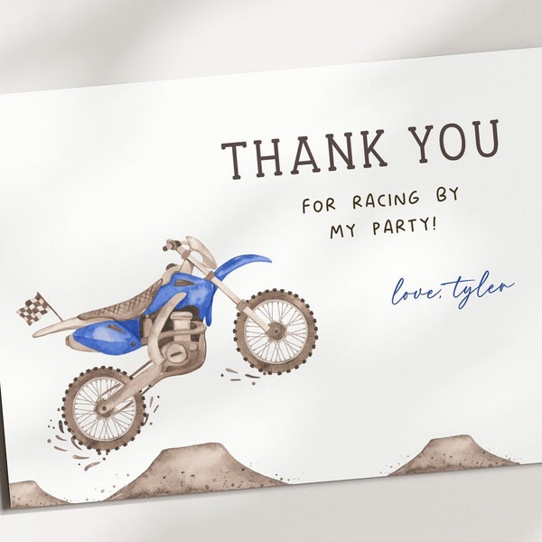 Editable Dirt Bike Thank You Card, Blue Dirt Bike Birthday Thank You Note Card, Racing Blue Dirt Bike Party Decor, Digital Download