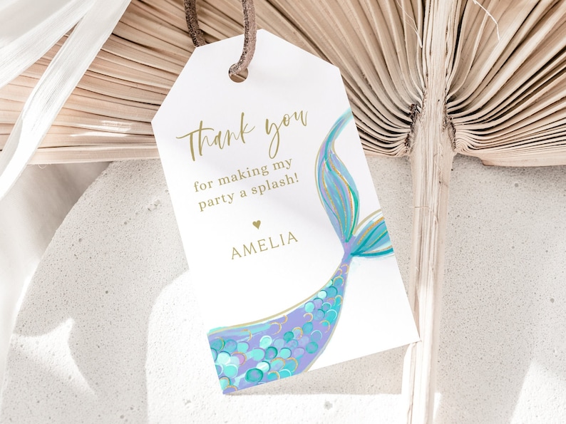 Mermaid Thank You Tag, Mermaid Party Gift Tag, Editable Template, Under The Sea Party Decor, Mermaid Birthday Favor Tag, Digital Download image 2