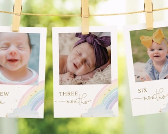 May include: Three photo cards with rainbow and cloud designs. Each card has a different age milestone: "Newborn", "Three Months", and "Six Months". Each card has a space for a photo of a baby.