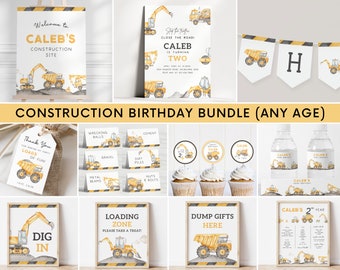 Construction Trucks Birthday Invitation Bundle, Editable Template, Any Age Construction Truck B&#39;day Party Invite & Decor, Digital Download