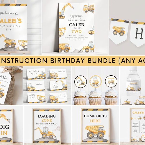 Construction Trucks Birthday Invitation Bundle, Editable Template, Any Age Construction Truck B'day Party Invite & Decor, Digital Download