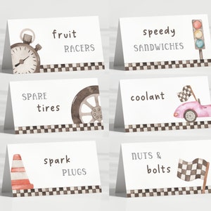 Roze raceauto voedseltentlabels, bewerkbare sjabloon, afdrukbare roze vintage raceautotentkaarten, twee snelle verjaardagsfeestje, digitale download