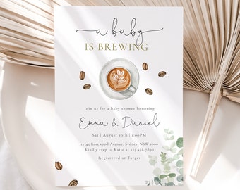 A Baby is Brewing Baby Shower Invite, Editable Template, Coffee Greenery Shower Invitation, Gender Neutral Shower Party, Digital Download