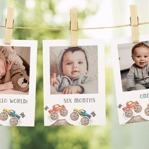 Monster Truck 12 Months Photo Banner, Editable Template, Monster Truck Birthday Sign, Racing Trucks 1st Year Garland Decor, Digital Download