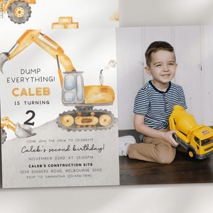 Bearbeitbare Bagger-LKW-Geburtstagseinladung mit Foto, Bau-LKW-Party einladen, jedes Alter Bau-LKW Bday, digitaler Download