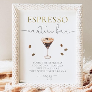 Placa de bar Espresso Martini, placa de mesa de chá de panela com grãos de café editáveis, decoração de festa de chá de panela Espresso Martini, download digital