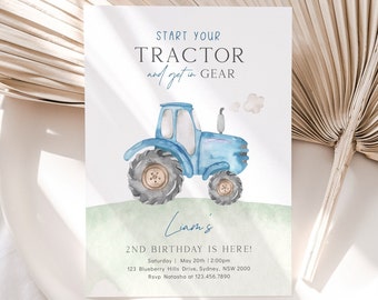 Blue Tractor Birthday Invitation, Editable Template, Any Age Blue Farm Tractor B'day Party, Tractor Birthday Invite, Digital Download