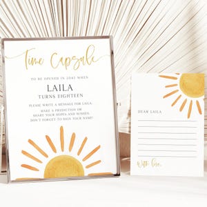 Sunshine Birthday Party Time Capsule, bewerkbare sjabloon, First Trip Around The Sun B'day Time Capsule Sign & Message Card, digitale download