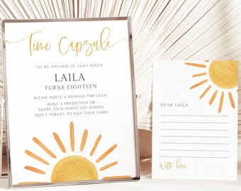 Sunshine Birthday Party Time Capsule, Editable Template, First Trip Around The Sun B'day Time Capsule Sign & Message Card, Digital Download