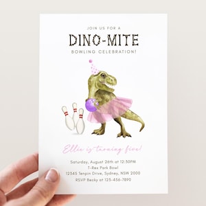 Dinosaur Tutu & Bowling Birthday Invitation, Editable Template, Girl T-Rex Bowling Party Invite, Pink Tutu Dinomite B&#39;day, Digital Download