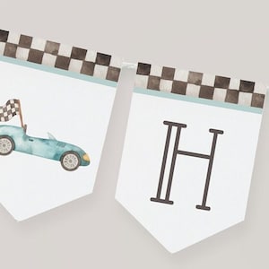 Bearbeitbares Racing Happy Birthday Banner, druckbare Rennwagen-Partygirlande, Racing B'day Banner-Vorlage, Vintage blaues Auto, digitaler Download