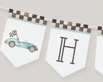 Editable Racing Happy Birthday Banner, Printable Race Car Party Garland, Racing B'day Banner Template, Vintage Blue Car, Digital Download