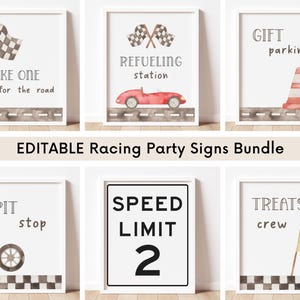 May include: A collection of framed racing party signs with watercolor illustrations. Signs include phrases like "Take One for the Road," "Refueling Station," "Gift Parking," "Pit Stop," "Speed Limit 2," and "Treats Crew." The signs have a checkered flag and road theme.