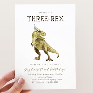 Three-Rex Invitation, Editable Dinosaur Birthday Invite, 3-Rex Dinosaur Digital Invitation, Three Rex Bday, T-Rex Party, Instant Download