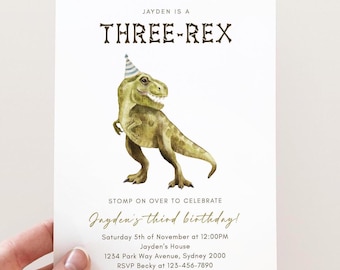Three-Rex Invitation, Editable Dinosaur Birthday Invite, 3-Rex Dinosaur Digital Invitation, Three Rex Bday, T-Rex Party, Instant Download