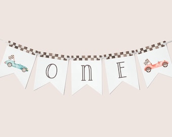 Fast One Birthday Banner, Editable Template, Blue & Red Race Car B'day Party Banner, First Lap Vintage Racing Car Garland, Digital Download