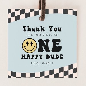 One Happy Dude Thank You Tag, Editable Template, Boy 1st Birthday Smiley Face Favors Tag, Retro Blue One Happy Dude Party, Digital Download