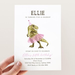 Any Age T-Rex & Tutu Birthday Invitation, Editable Template, Girl Dinosaur Tutu B&#39;day Invite, Pink Tutu Dino Birthday Party Digital Download