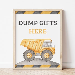 Panneau de construction de cartes et cadeaux, modèle modifiable, panneau de cadeaux de décharge de camions de construction ici, décoration d'anniversaire de construction, téléchargement numérique