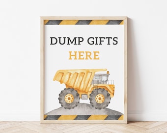 Construction Cards & Gifts Sign, Editable Template, Construction Trucks Dump Gifts Here Sign, Construction Birthday Decor, Digital Download