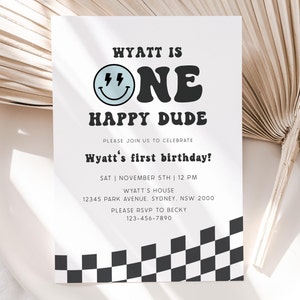 One Happy Dude Birthday Invitation, Editable Blue Smiley Checkered Invite, Boy 1st Birthday Lightning One Happy Dude Party, Digital Download