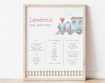 May include: A printable 2nd birthday chart for a boy named Landon. The chart features a blue train with red accents and a white cloud. The chart lists things Landon loves, can do, his nickname, favorite foods, books, and toys.