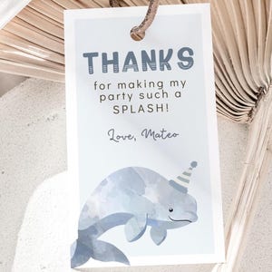 Beluga-Wal Dankeschön-Tag, bearbeitbare Vorlage, Wal-Geburtstagsfeier, Beluga B&#39;day Geschenketikett, unter dem Meer B&#39;day Dekor, digitaler Download