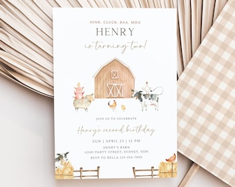 Farm Animals Birthday Party Invitation, Editable Any Age Muted Barnyard Animals Party Invite, Gender Neutral Farm B'day, Digital Download