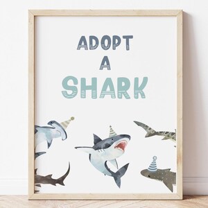 Adopt A Shark Sign, Editable Shark Under The Sea Birthday Party, Minimalist Sharks B&#39;day Adoption Sign, Shark Table Decor, Digital Download