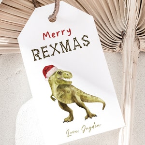Dinosaur Christmas Tag, bewerkbare sjabloon, T-Rex Santa Hat Gift Tag, schattige Dino Merry Christmas Tag, Merry Rexmas Gift Tag, digitale download
