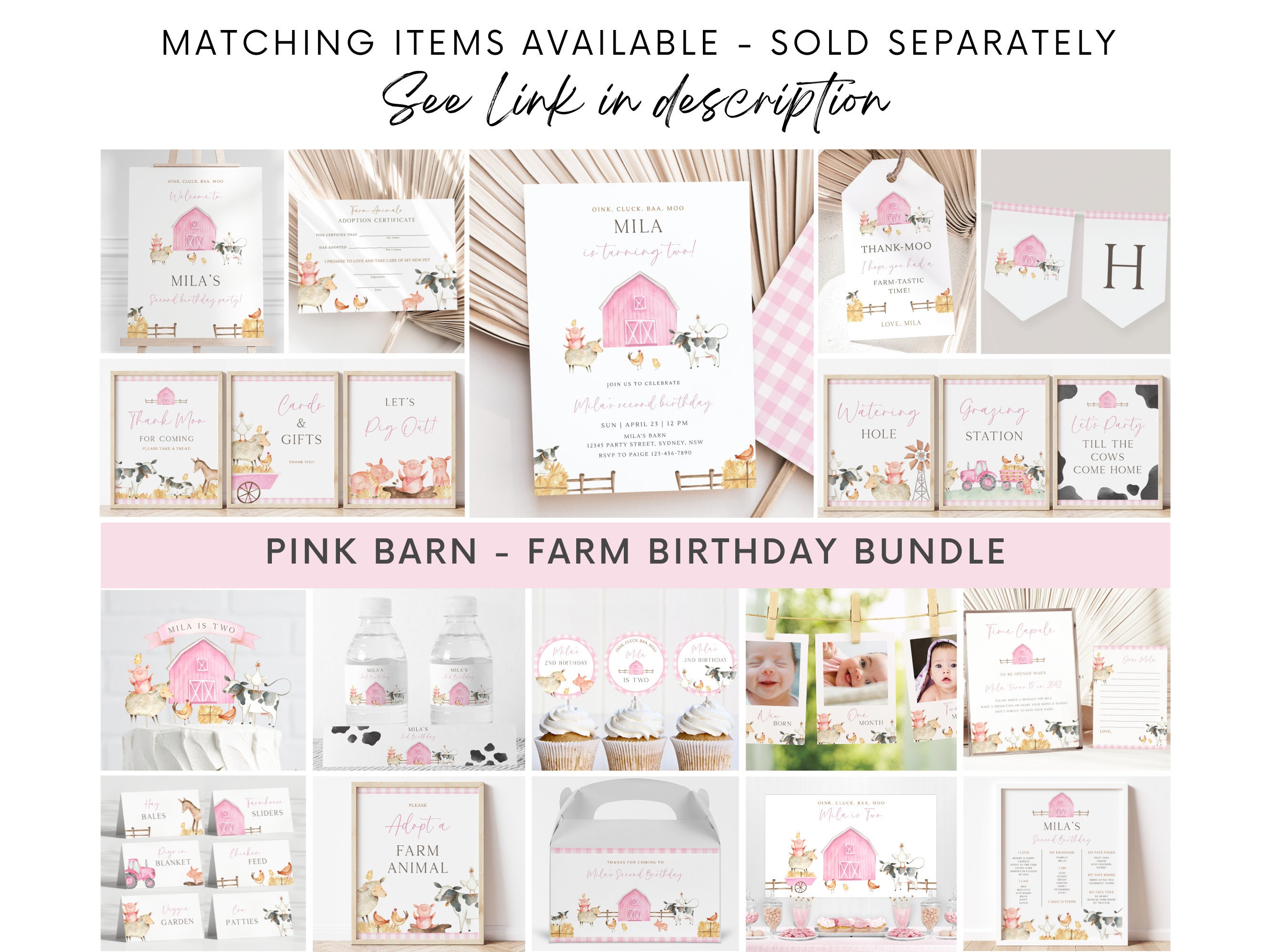 Pink Farm Birthday Party Invitation, Editable Girl Barn Animals B'day ...