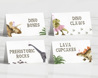 Puede incluir: Cuatro tarjetas blancas con ilustraciones de dinosaurios y texto. Las tarjetas dicen "Dino Bones", "Dino Claws", "Prehistoric Rocks" y "Lava Cupcakes".
