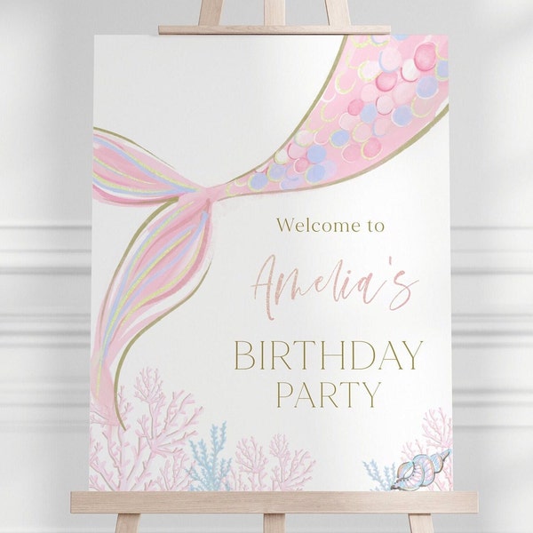 Editable Mermaid Welcome Sign, Pink Mermaid Birthday Sign, Modern Mermaid Party Welcome Banner, Under The Sea Party Decor, Digital Download