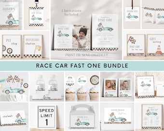 Fast One Racing 1st Birthday Invitation Bundle, Editable Blue Car Party Invite Decor Signs Package, Vintage Race Car B'day, Digital Download