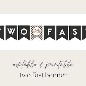 Printable TWO FAST Birthday Banner, Editable Racing Party Garland, Two Fast Decoration, Black White Retro Vintage Car Party Banner Template
